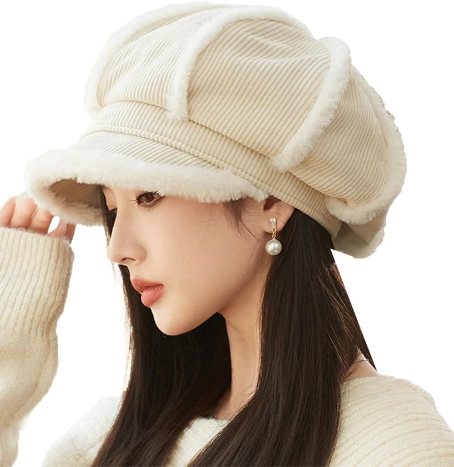 Winter Thick Newsboy Hat Stylish Plush Cabbie Gatsby Cap Visor Beret Hat Ladies Winter Fall Warm Painter Hat