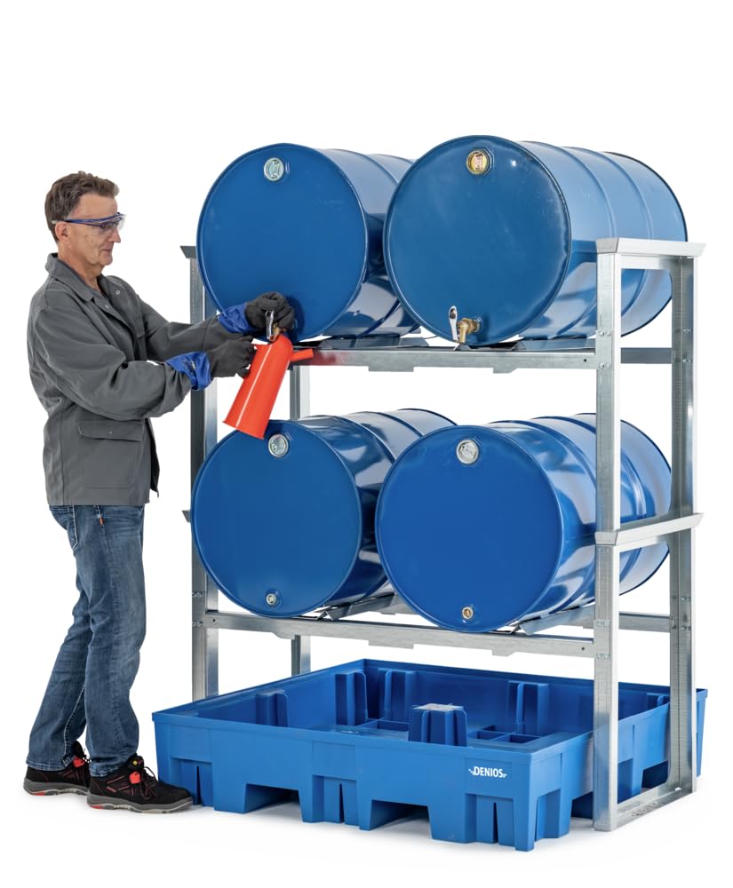 DENIOS Fassregal/Abfüllstation für 4 Fässer à 200 L, Kunststoff-Auffangwanne, 1429 x 1235 x 1637 mm