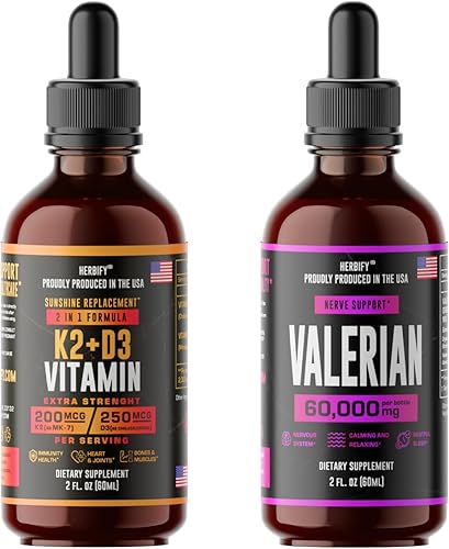 HERBIFY Bundle - Gotas K2 y D3 y tintura de raíz de valeriana - Fuerza ósea y apoyo del sistema nervioso