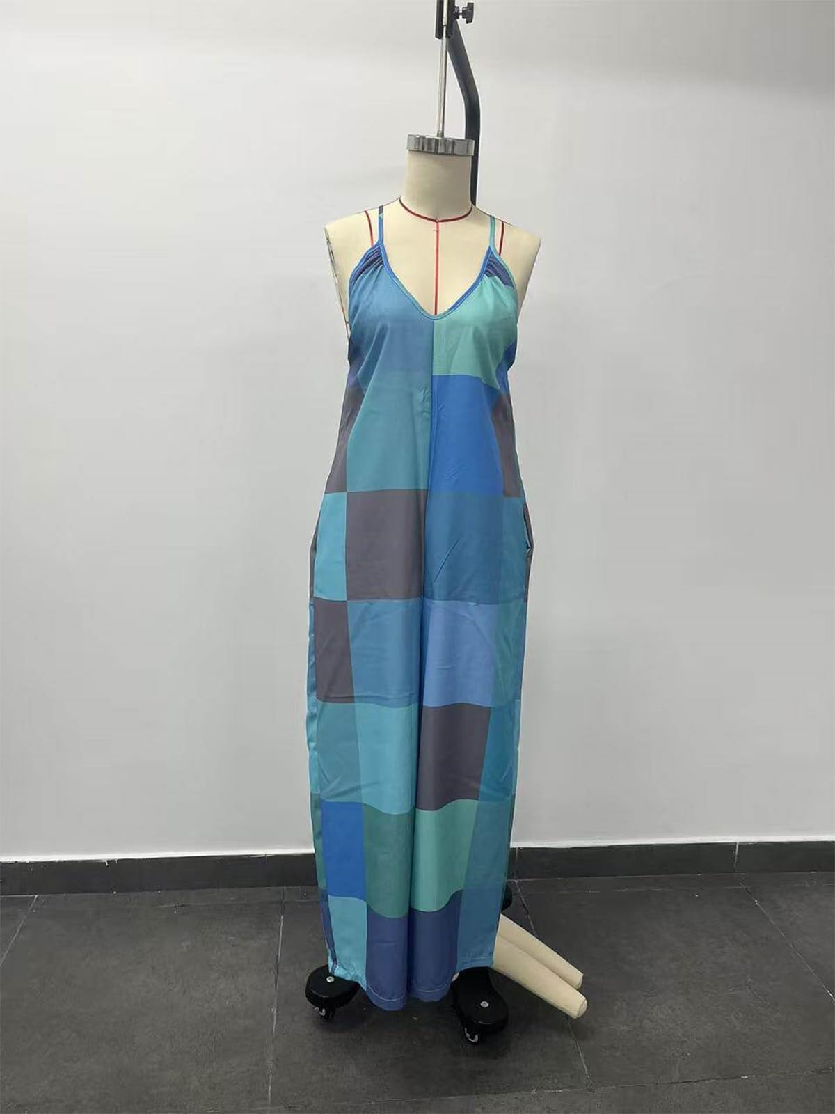 Combinaison-short À Carreaux Imprimés pour Femme,Sans Manches, À Jambes Larges Tenue D'été D'une Pièce pour La Plage