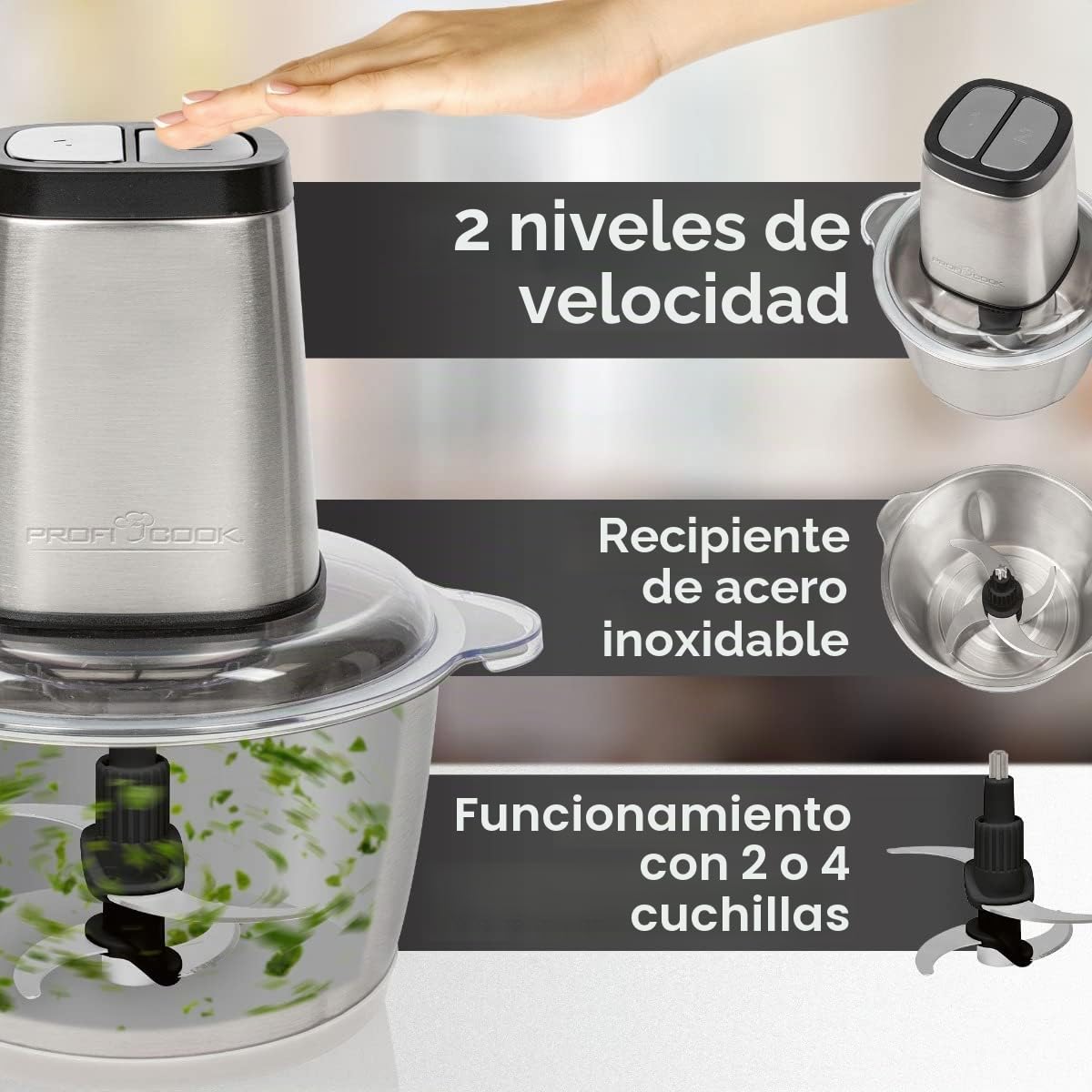 ProfiCook PC-MZ 1227 - Picadora eléctrica con función de trituración de hielo, cortador de verduras, recipiente de acero inoxidable de 1,7 l, cuchillo combinado para 2 o 4 cuchillas