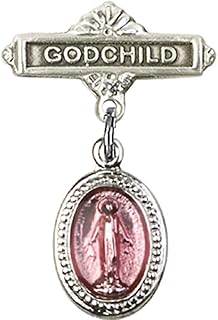 Sterling Silver Baby Badge with Pink Miraculous Charm and Godchild Badge Pin 1 X 5/8 inches