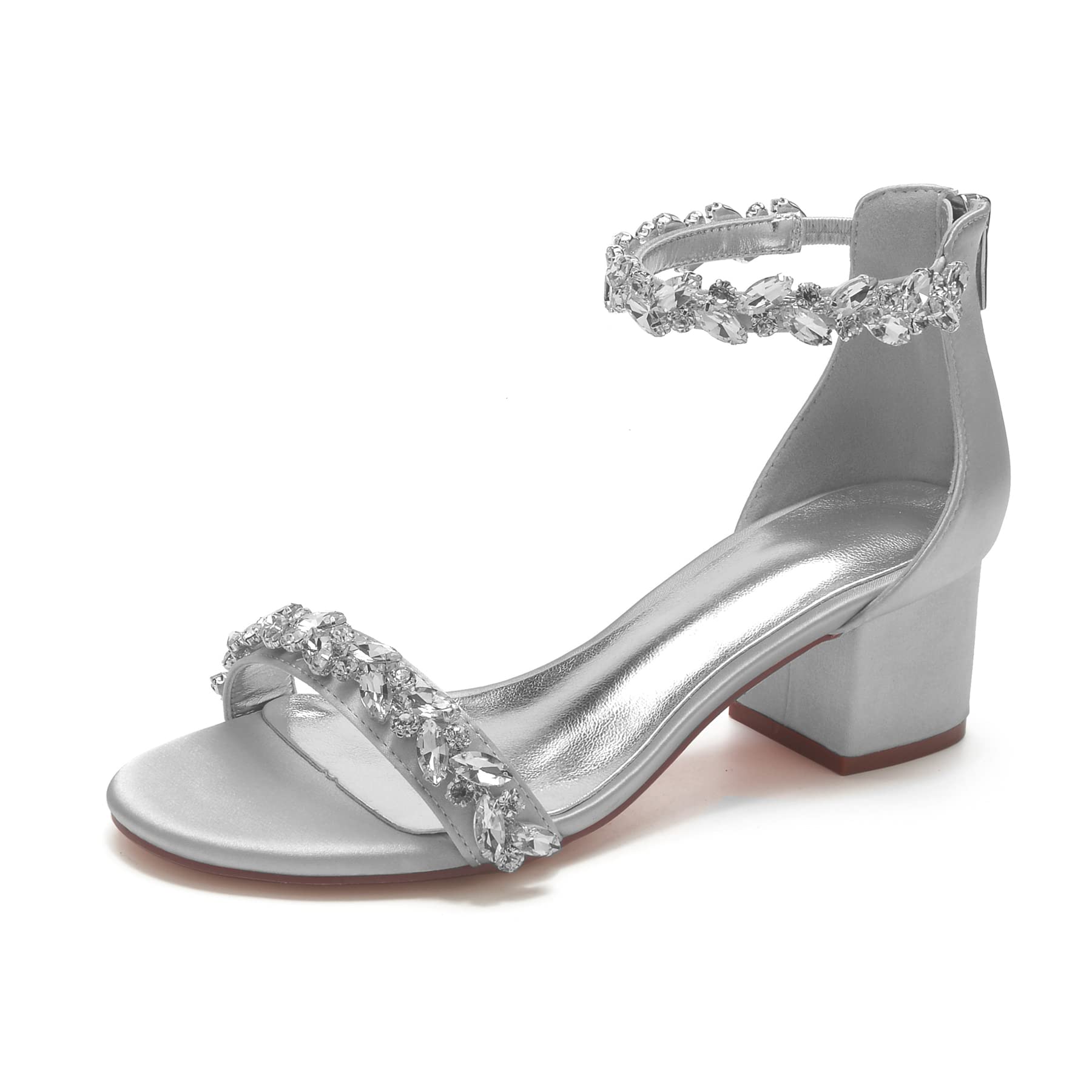 ADMLZQQ Blokhak Trouwschoenen voor Bruid Open Teen Vrouwen Chunky Hakken Enkelbandje Sandalen Strass Bruidsschoenen, Zilver, 36 EU