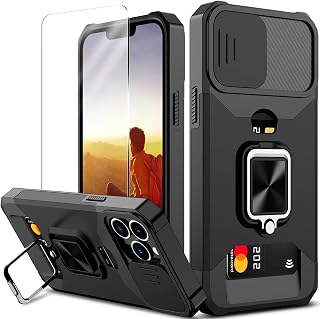 Nvollnoe iPhone 13 Pro Max Case with Sliding Camera Cover and Card Holder Heavy Duty Protective iPhone 13 Pro Max Case with Screen Protector Magnetic Kickstand Case for iPhone 13 Pro Max(Black)