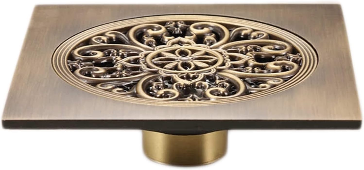floor drain， Floor Drain Cover Antique Brass Square Vintage Art Carved Shower Waste Drainer Bathroom