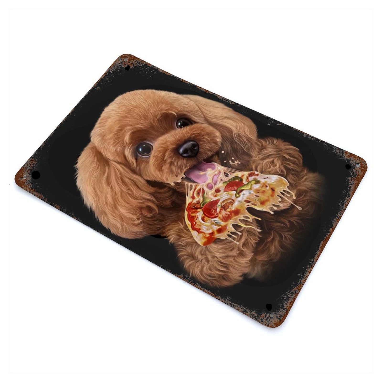 Cute Poodle Love Pizza Aged Metal Wall Plaque 11.8"x7.9", for Living Room, Hallway And Home Decor, Shabby Chic Decor