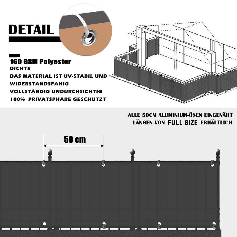 Odporny na warunki atmosferyczne zadaszenie balkonowe 85 x 700 cm – 100% ochrona prywatności, 200 g/m², parawan ogrodzeniowy, kolor piaskowy, wraz z linami i opaskami kablowymi dla łatwego montażu