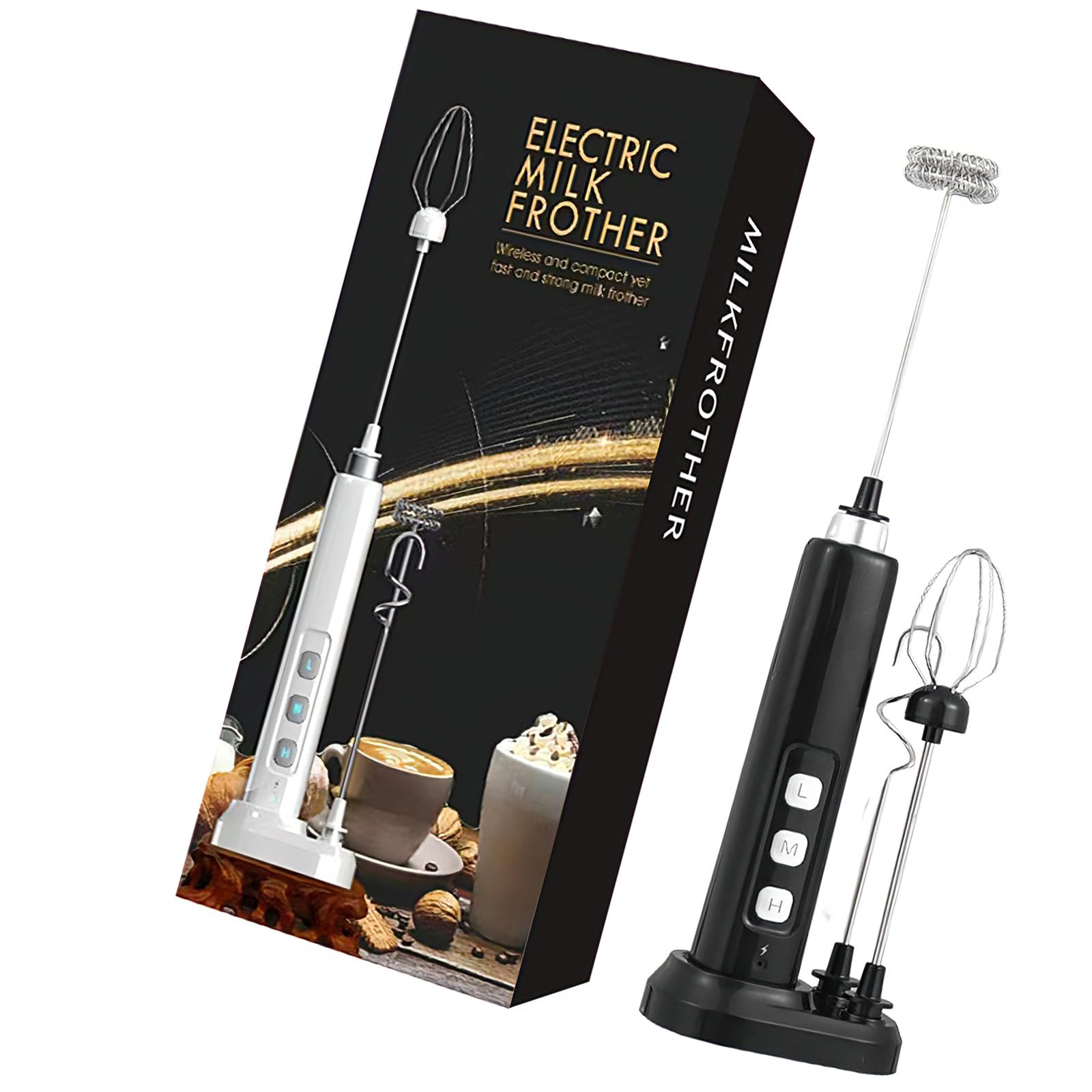 Elnwnnkc Rechargeable Electric Milk Frother with Detachable Metal Heads 3 Speed Modes 1200mAh for Coffee and Baking Battery Milk Frother for Coffee
