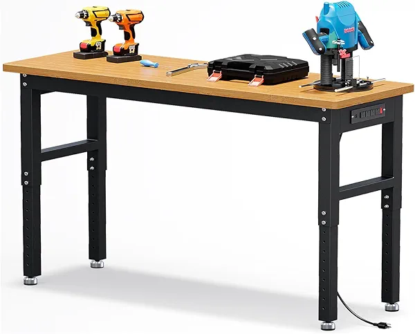 60" Adjustable Height Garage Workbench, GarveeTech Max. 2200 LBS Capacity Solid Wood Work Bench Table, Heavy Duty Work Station for Garage, Shop, Home, Office