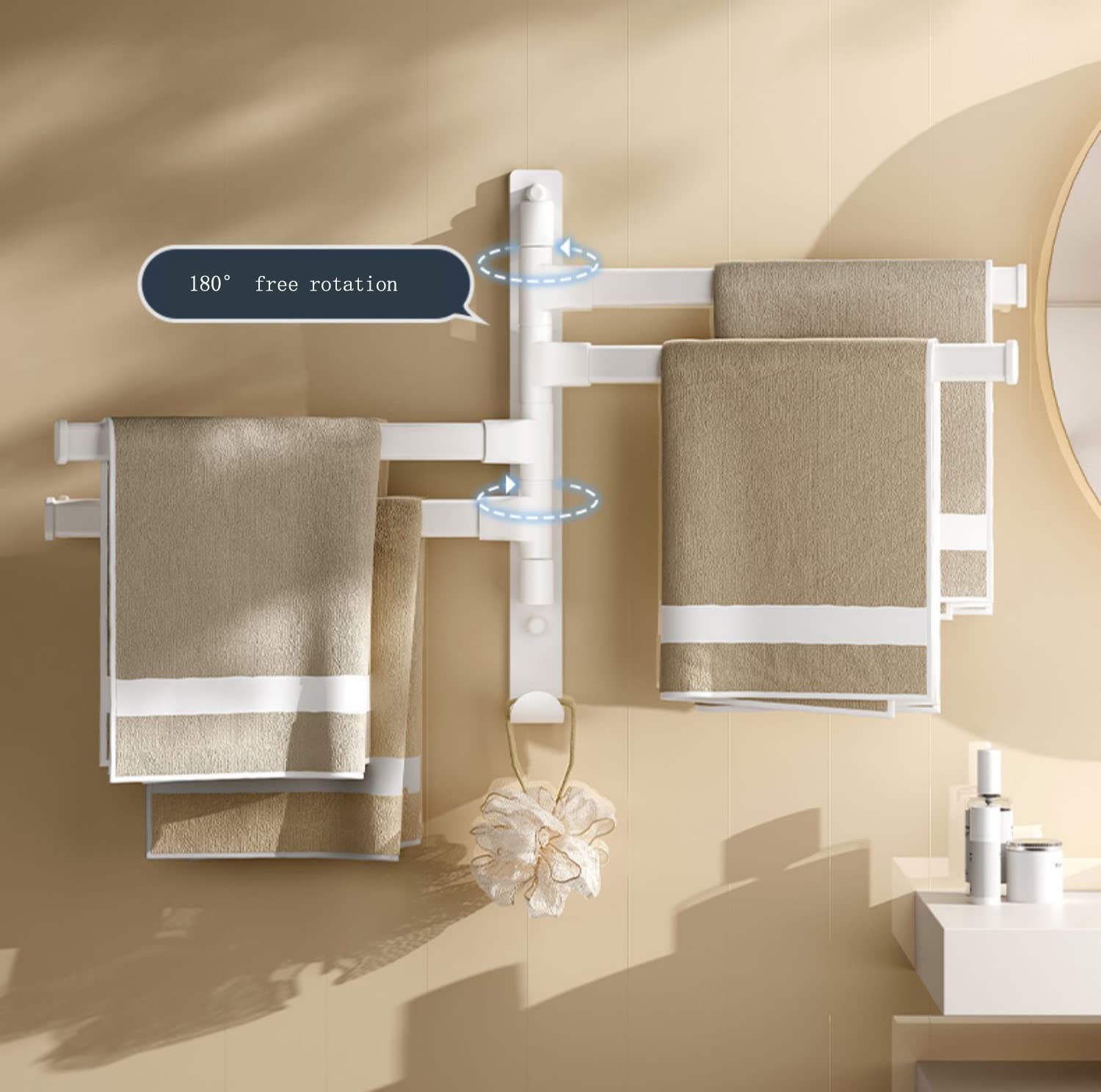 Toallero con brazo oscilante de acero inoxidable con 4 brazos, toallero giratorio para actividades, ahorro de espacio, toallero de montaje en pared, toallero de baño de acero inoxidable montado en l
