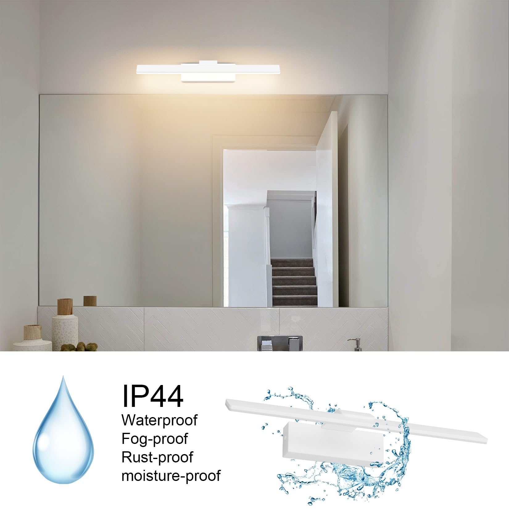 Klighten Lampada da specchio da bagno a LED, 40 cm, 12 W, IP44, da bagno, in alluminio, 60 LED, 1100 lumen, bianco caldo 3000 K, 40 cm