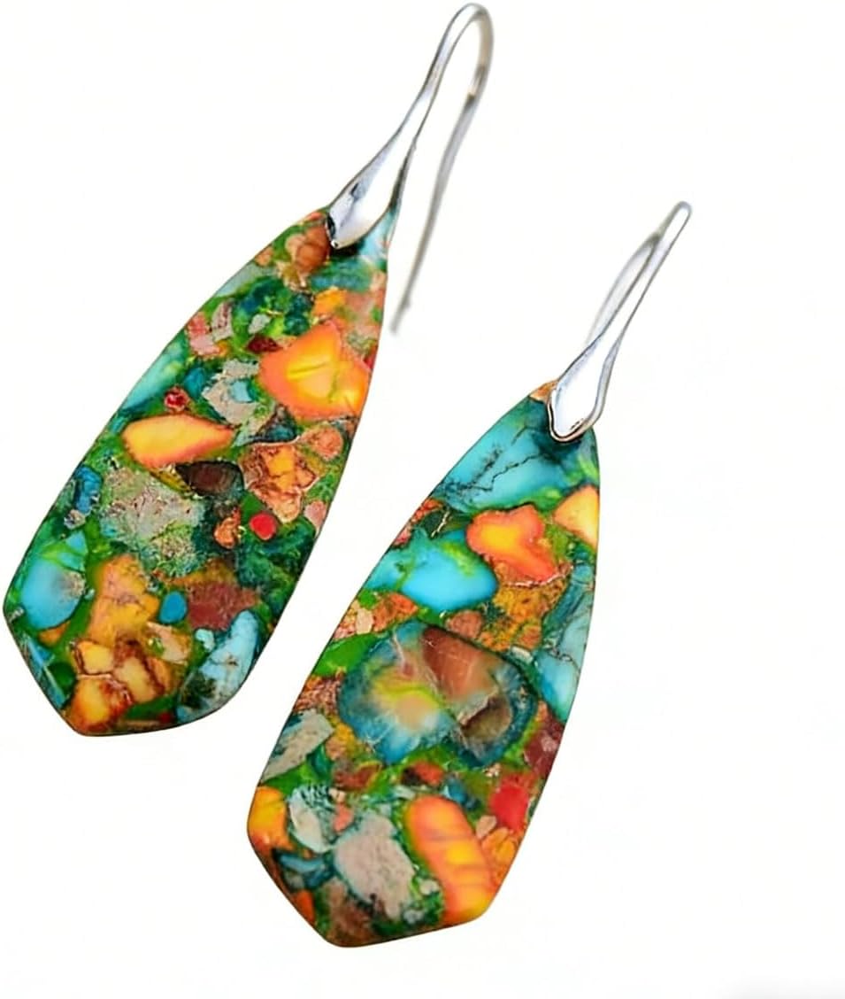 Boho Natural Imperial Jasper Teardrop Dangle Earrings for Women – Hypoallergenic French Hook Stone Drop Earrings Jewelry