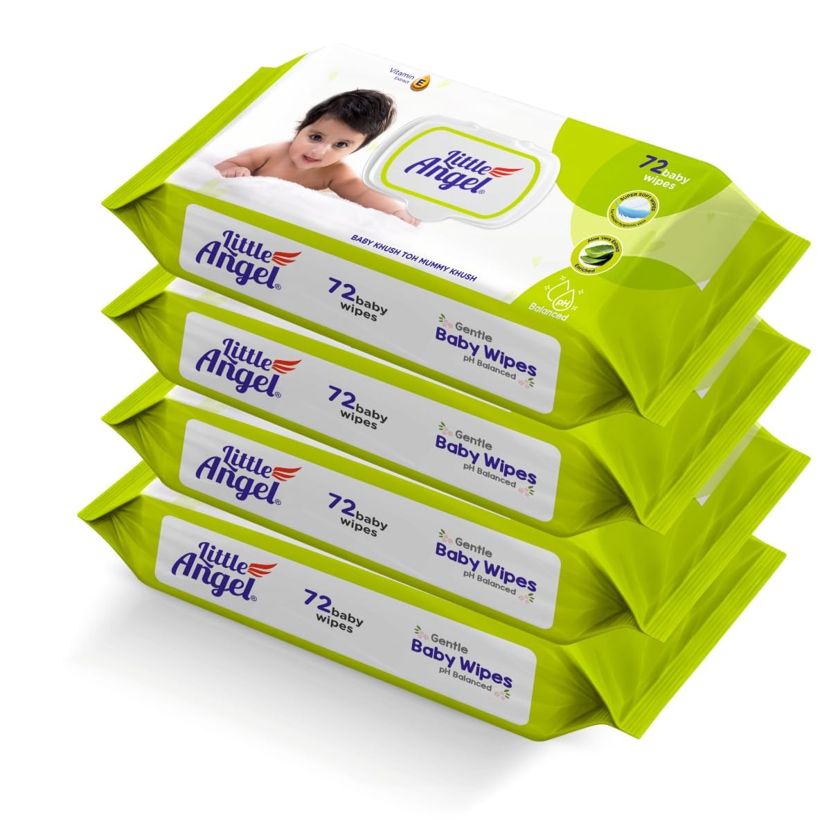Little Angel Super Soft Cleansing Baby Wipes Lid Pack, 288 Count, Enriched with Aloe vera & Vitamin E, pH balanced, Dermatologically Tested & Alcohol-free, Pack of 4,72 count/pack