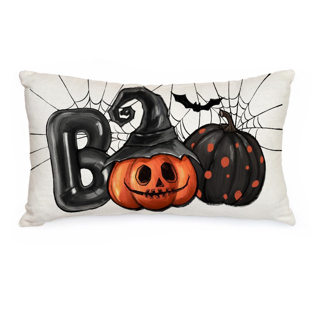 Halloween Pillow Cover 12x20 Inch - Pumpkin Cat Ghost Bat Burlap Style Decor For Sofa (Orange) - View #9