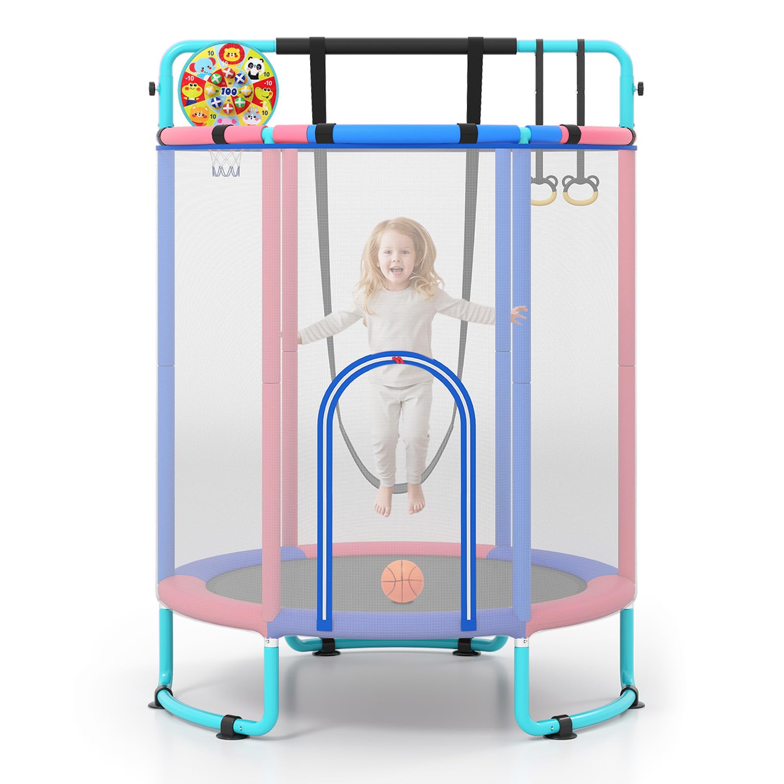 COSTWAY Trampolina dziecięca 6 w 1 z siatką zabezpieczającą | Trampolina dla dzieci z huśtawką, koszem do koszykówki, drążkiem gimnastycznym, tarczą do gry w darta, sztabką