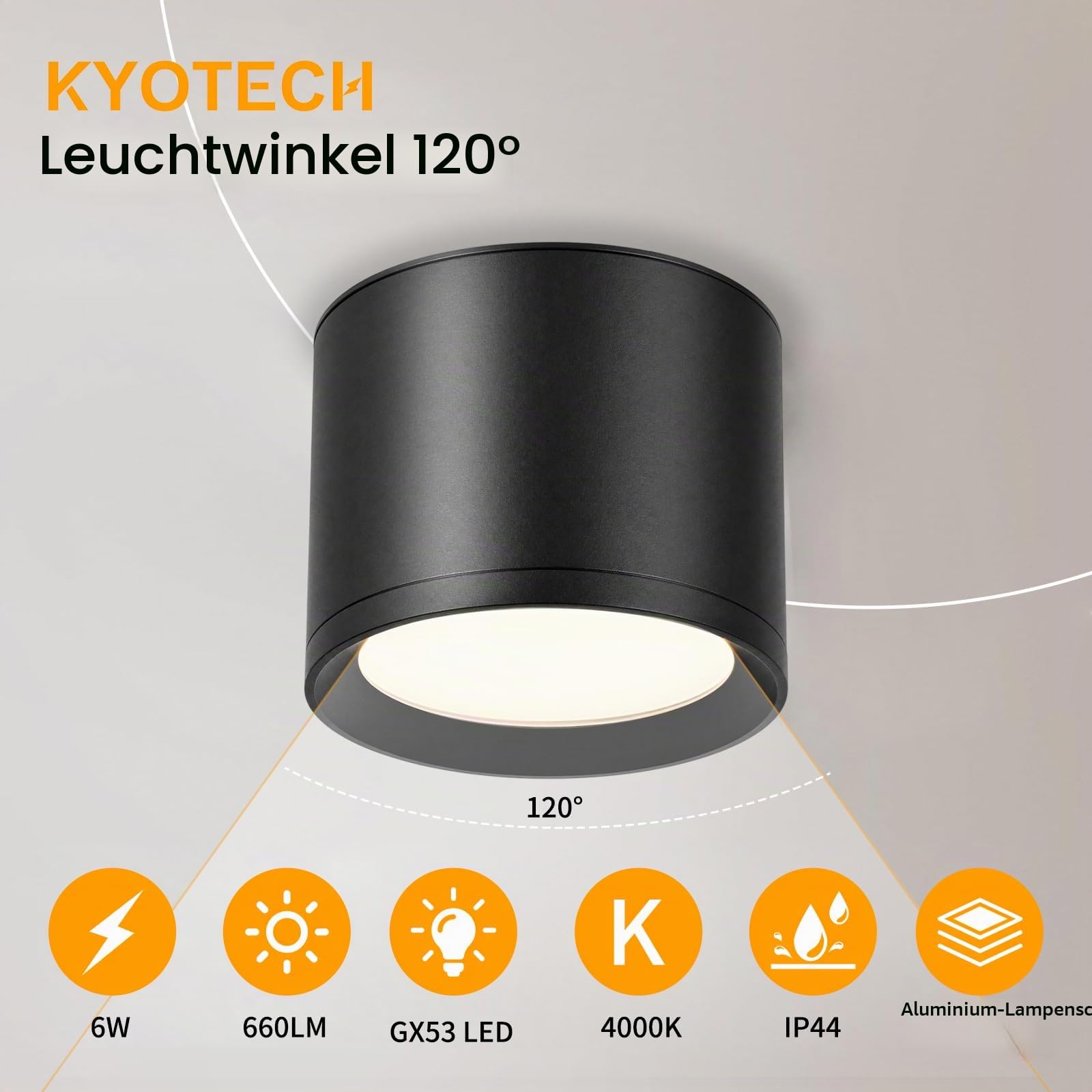 KYOTECH LED Aufbauspots IP44 - Ø84*65mm Deckenspots Schwarz Matt - 6W 550LM GX53 LED Aufbaustrahler - Aluminium 4000K Neutralweiß Aufputz 230v Aufbauleuchte Deckenlampe für Bad Badezimmer 4 Stück