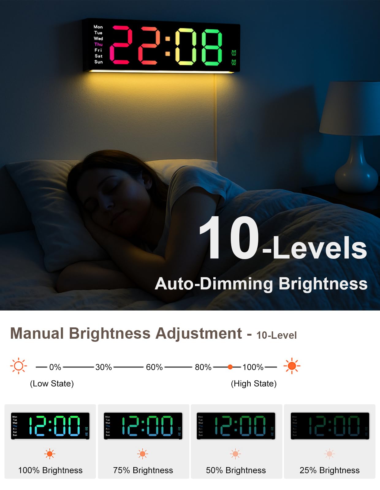 Cyfrowy zegar ścienny, duży wyświetlacz, z pilotem zdalnego sterowania, kolorowy zegar cyfrowy RGB LED z datą i dniem tygodnia, automatyczna jasność, czas letni, temperatura, cyfrowy budzik do