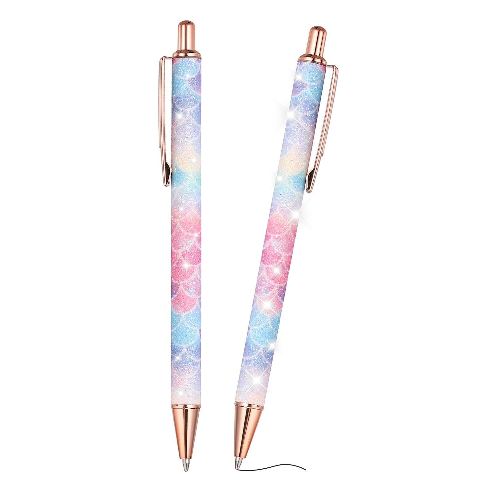 PATIKIL 2Pcs Fancy Pens for Women, Medium Point 1.0mm Black Ink Glitter Ballpoint Pen Metal Retractable Journaling Ballpoint for Gifts Office Journaling, Blue/Rose Gold