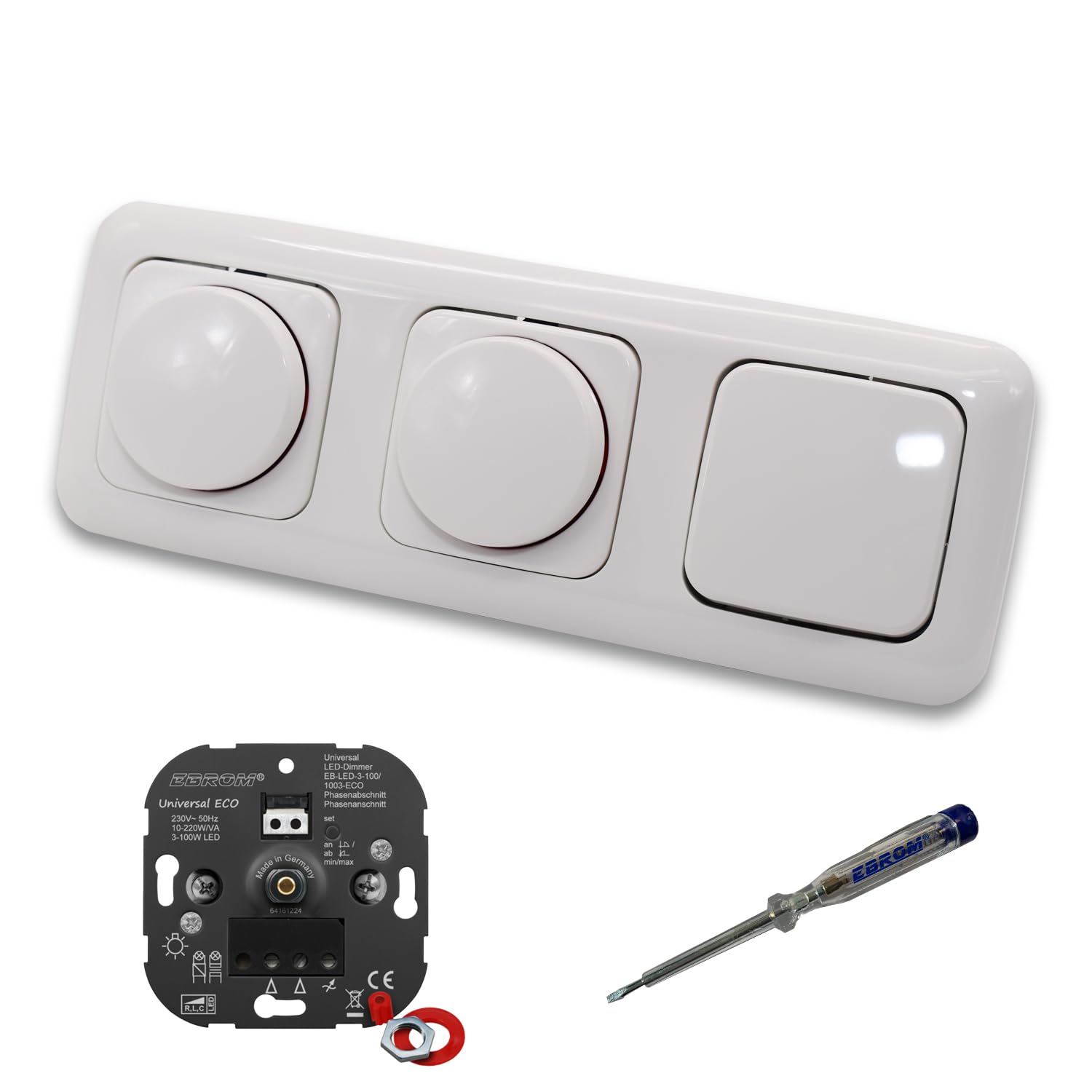 EBROM 1003 Universal ECO (2 unidades) Regulador de intensidad LED + Busch Jäger Dimmer Discos 2115-214 y pulsador de luz 2020 US en Reflex Si blanco alpino brillante, incluye comprobador de fase EBROM