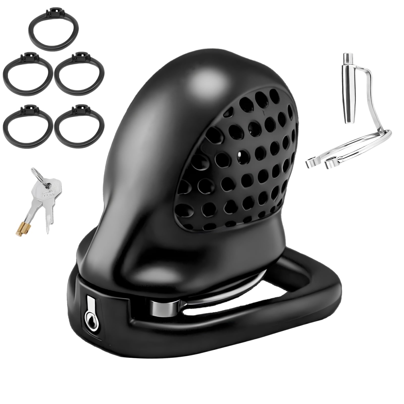 Cage de Chasteté pour Pénis PA Chastity Cage Man avec Cathéter Amovible et 5 Anneaux Sex Toýs Homme Cage de Chasteté Léger et Respirant avec Serrure Dissimulée pour Contention du Pénis (A)