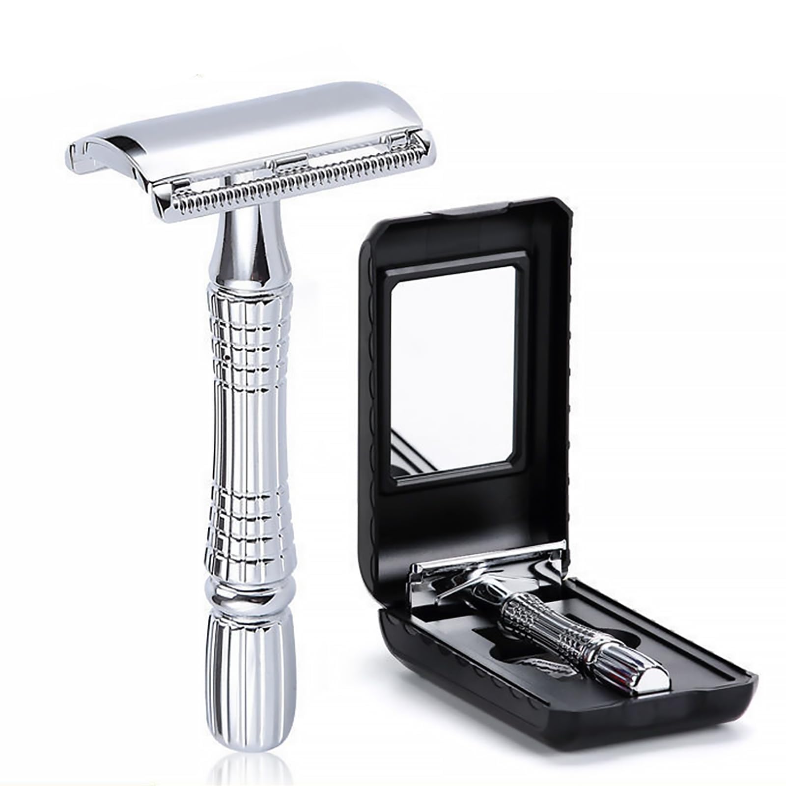 TERRIFI Premium Reusable Silver Double Edge Safety Razor for Men and Women, Reusable with Mirrored Travel Case, with 1 Platinum Coated Ultra Thin Stainless Steel Blades