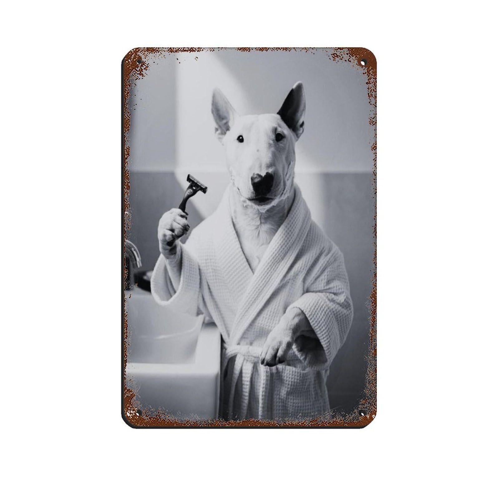 Bull Terrier Dog Bathroom Art Shaving with Razor Retro Poster Metal Tin Sign Chic Art Retro Iron Painting Bar People Cave Cafe Family Garage Poster Wall Decoration 8x12inch(20x30cm)