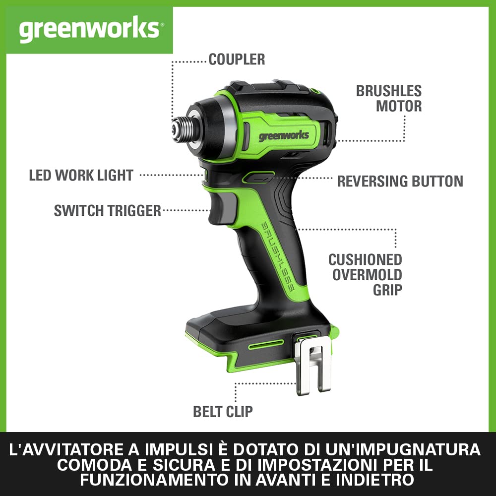 Greenworks GD24DD35K2 Trapano Avvitatore e GD24ID200 Avvitatore a Impulsi PIÙ 2 Batterie da 24V 2Ah e Caricabatterie, Garanzia 3 Anni