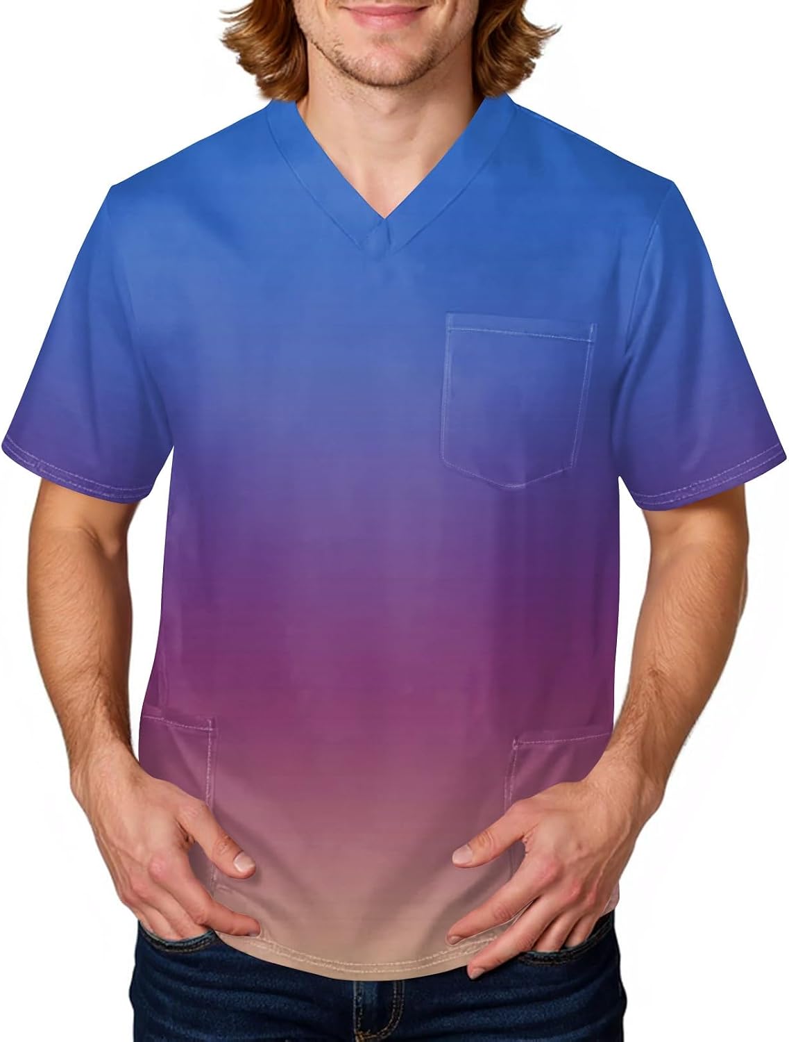 RTRDE Men's Short Sleeve Gradient Color Print V-Neck Work Scrub Top with Pockets, S-5XL