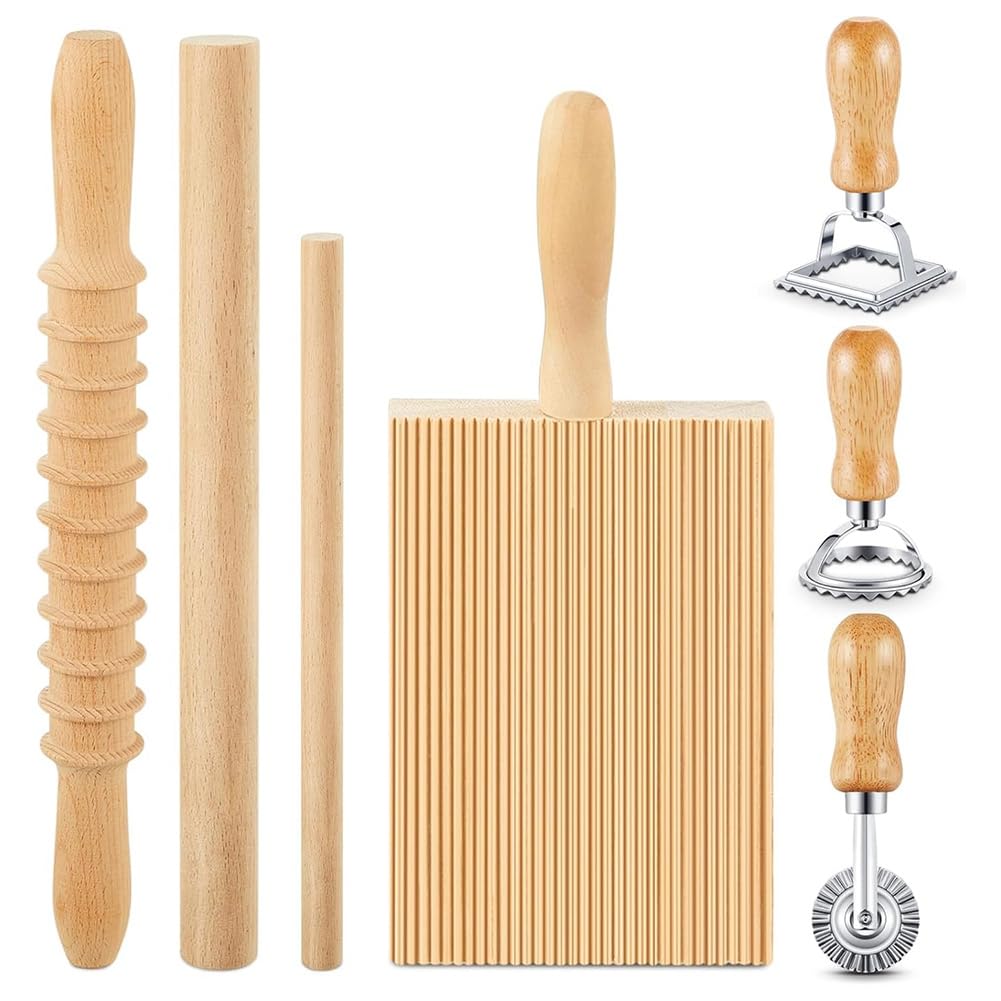 CTRLZS 7 Pcs Pasta Making Tool, Wood Gnocchi Board with Ravioli Stamp and Rolling Pin Set, Pasta Maker for Homemade Pasta