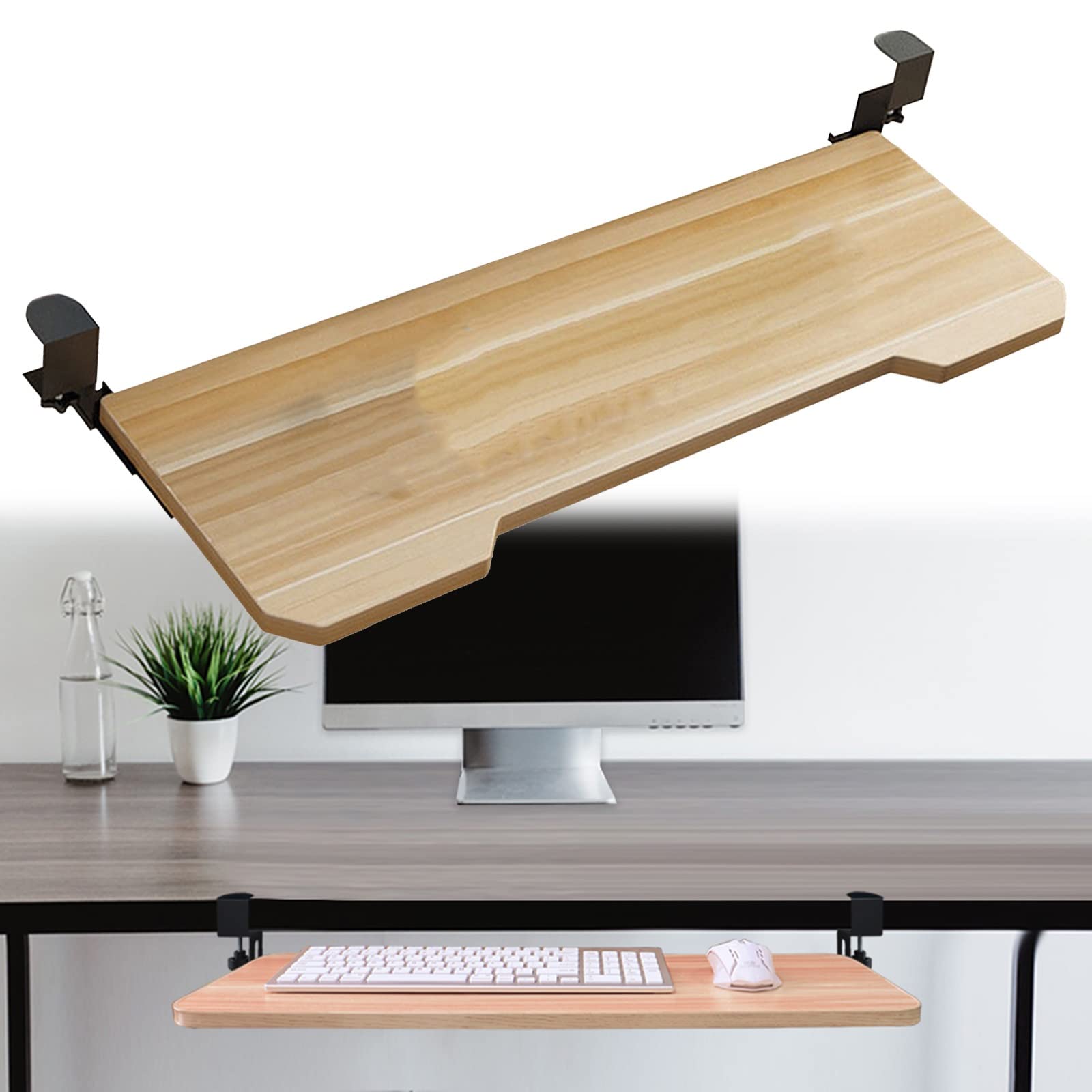 Bandeja para teclado bajo escritorio de nogal 75x25cm con soporte de ratón