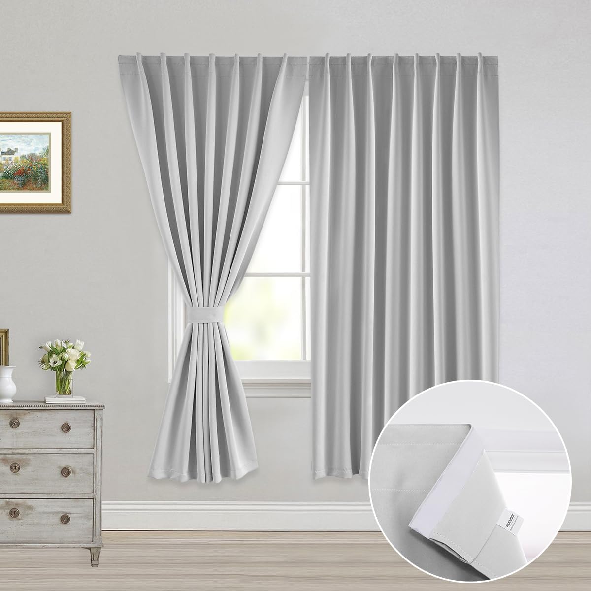Muamar No Drill Blackout Curtain, Easy Install Window Curtain Panels, Portable Bedroom Curtains 2 Panel Sets, Light Blocking Shades for Window (Greyish White, 52" W x 63" L)