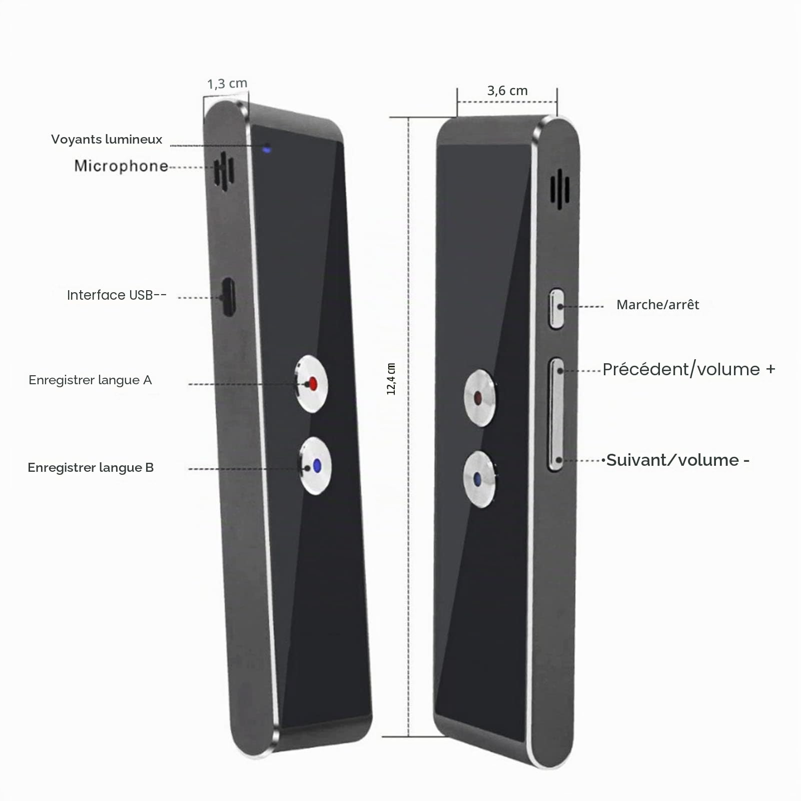 Dispositif de Traduction Vocale de Langue Bluetooth, Traducteur de Langue Bidirectionnel instantané Portable, Appareil de Traduction en 96 Langues Prenant en Charge la