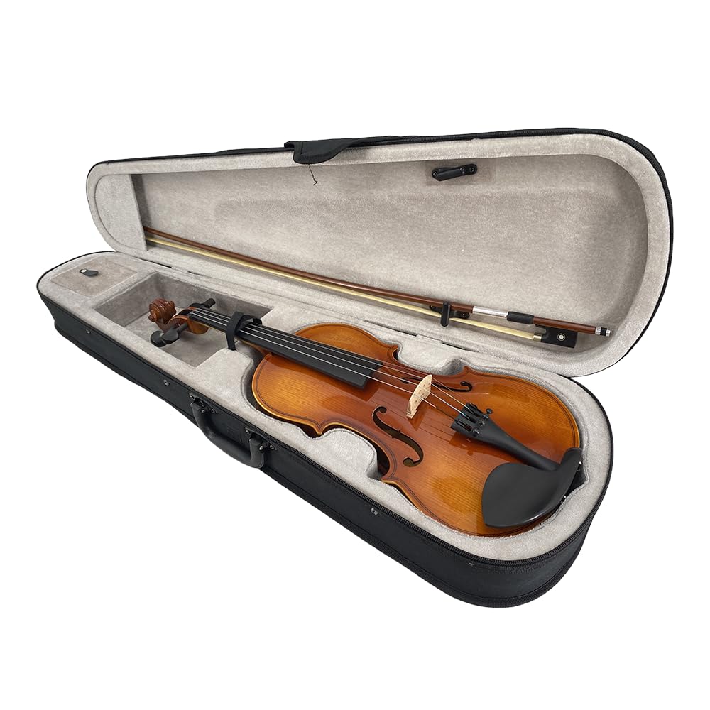 Juego de violín acústico 4/4 para principiantes, juego de violín de madera contrachapada de tamaño completo, color marrón mate con funda rígida y lazo esencial para principiantes (brillante)