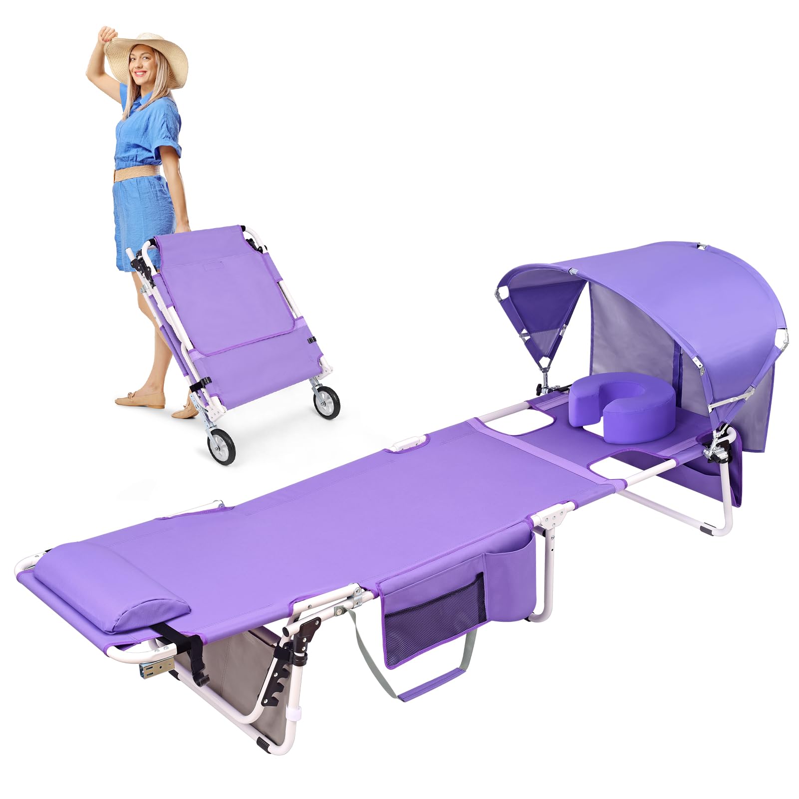 Wheel-To-Go Tanning Chair with Wheels Sun Canopy Umbrella Face Hole Thicker Washable Adjustable, Heavy Duty Folding Lay Flat Sun Lounge Chair Beach Outside Sunbathing Reading, UPF 50+ (Patent Design)