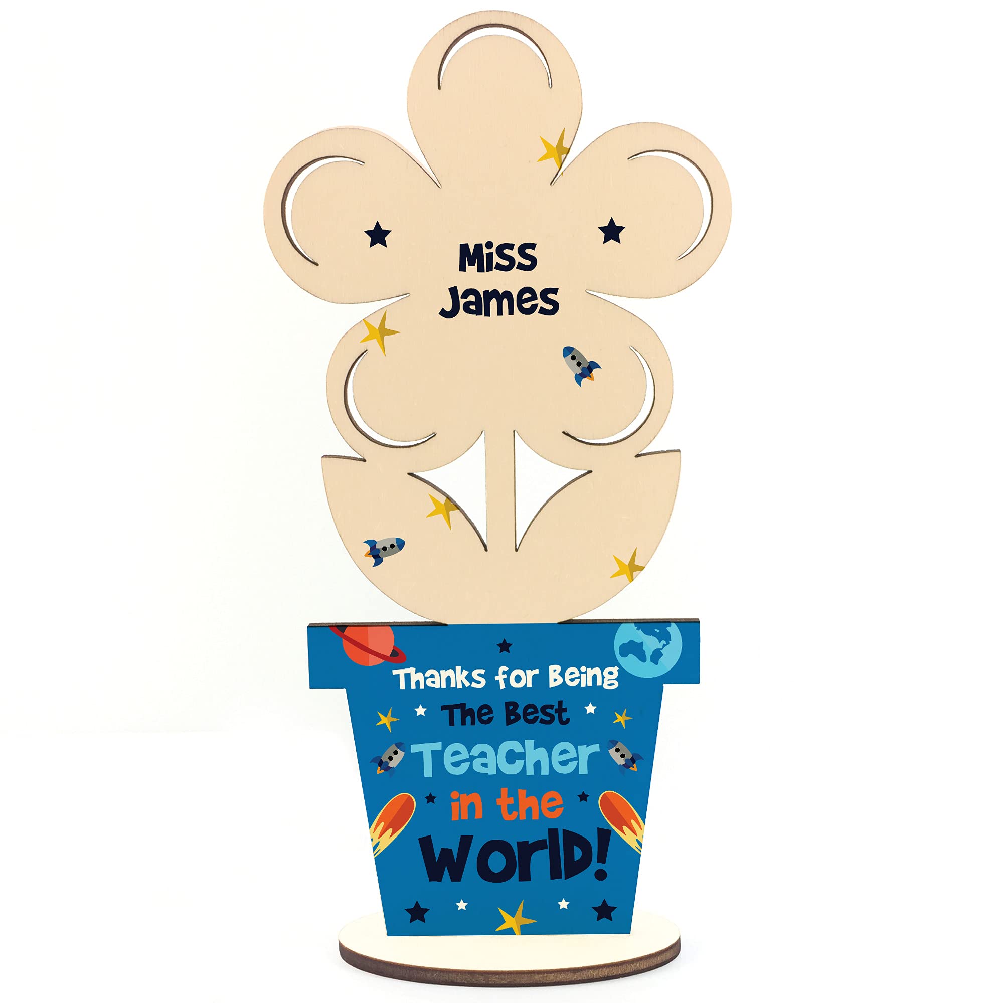 Personalised Best Teacher In The World Wood Flower Space Thank You Gift Leaving