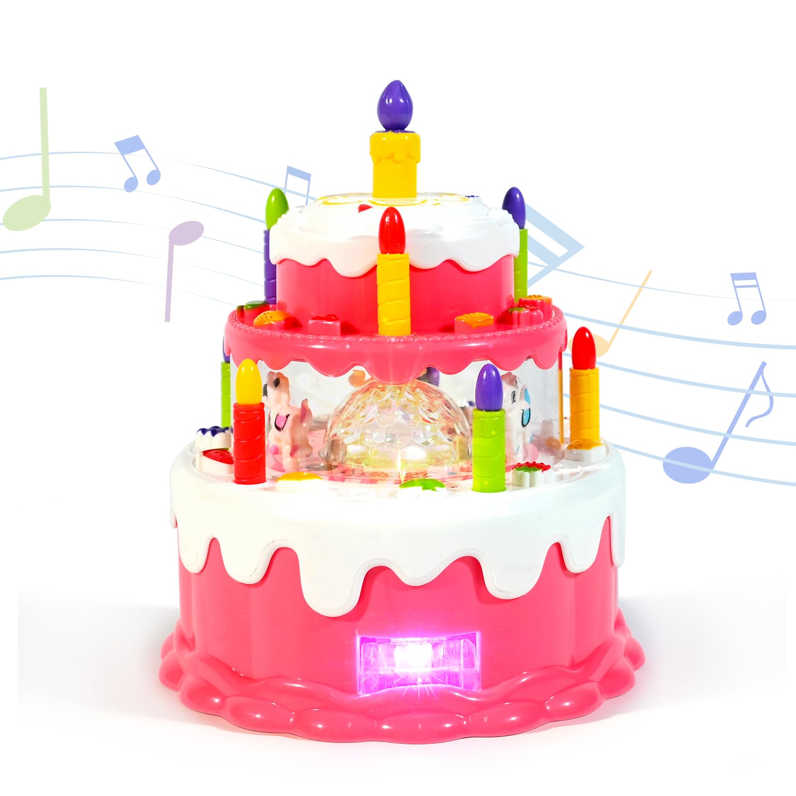 lonfypeng Musical Birthday Cake Car Toy with Rotating Carousel, Light-Up Cake with Candles, Interactive Singing Toy for Kids, Colorful Pretend Play Birthday Set for Girls Boys Ages 3-8, Party Gift