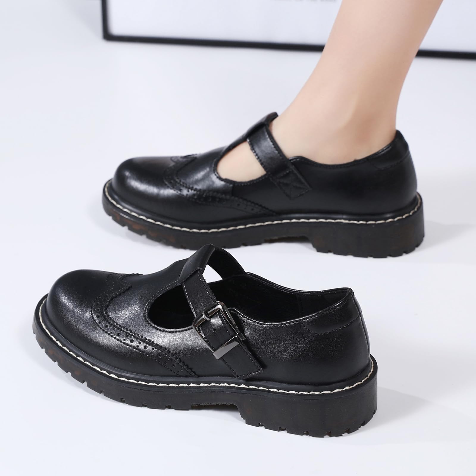 XMM Mary Jane Shoes Women Oxford Shoes Leather Round Toe Flats Non-Slip Ankle Buckle Strap Comfort Casual Dressy Cosplay Party School Work Shoes: 8.5 257 Black