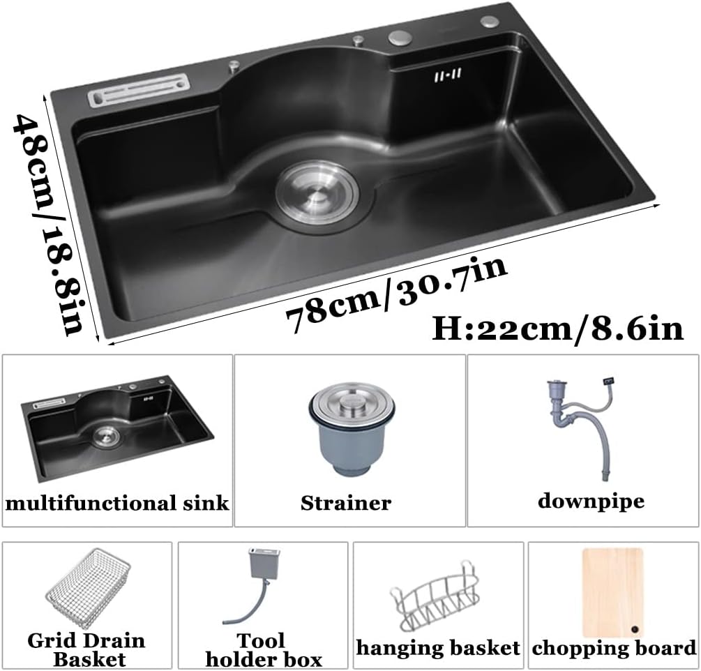 Kitchen Sinks,Kitchen Sink Large Single Sink, Bar Prep Sink, Drop-In Ordermount Installation, Easy to Clean/Black/78 * 48Cm