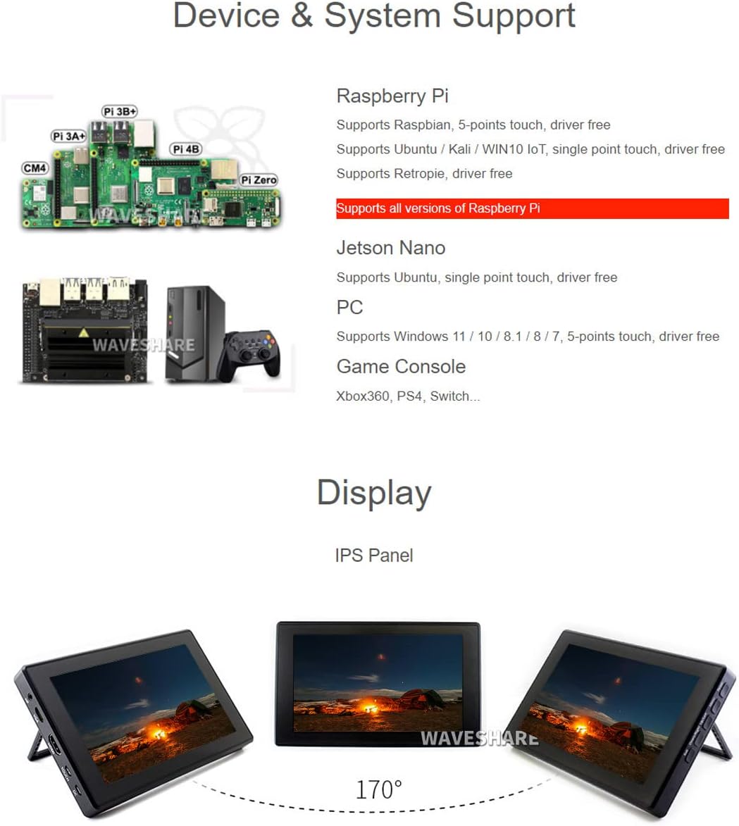 [Latest Version] Waveshare 7inch Capacitive Touch Screen LCD Monitor for Raspberry Pi 5 RPi 400 4 3 Model B Compatible with All Versions of Raspberry Pi Windows with HDMI/VGA Port with Case