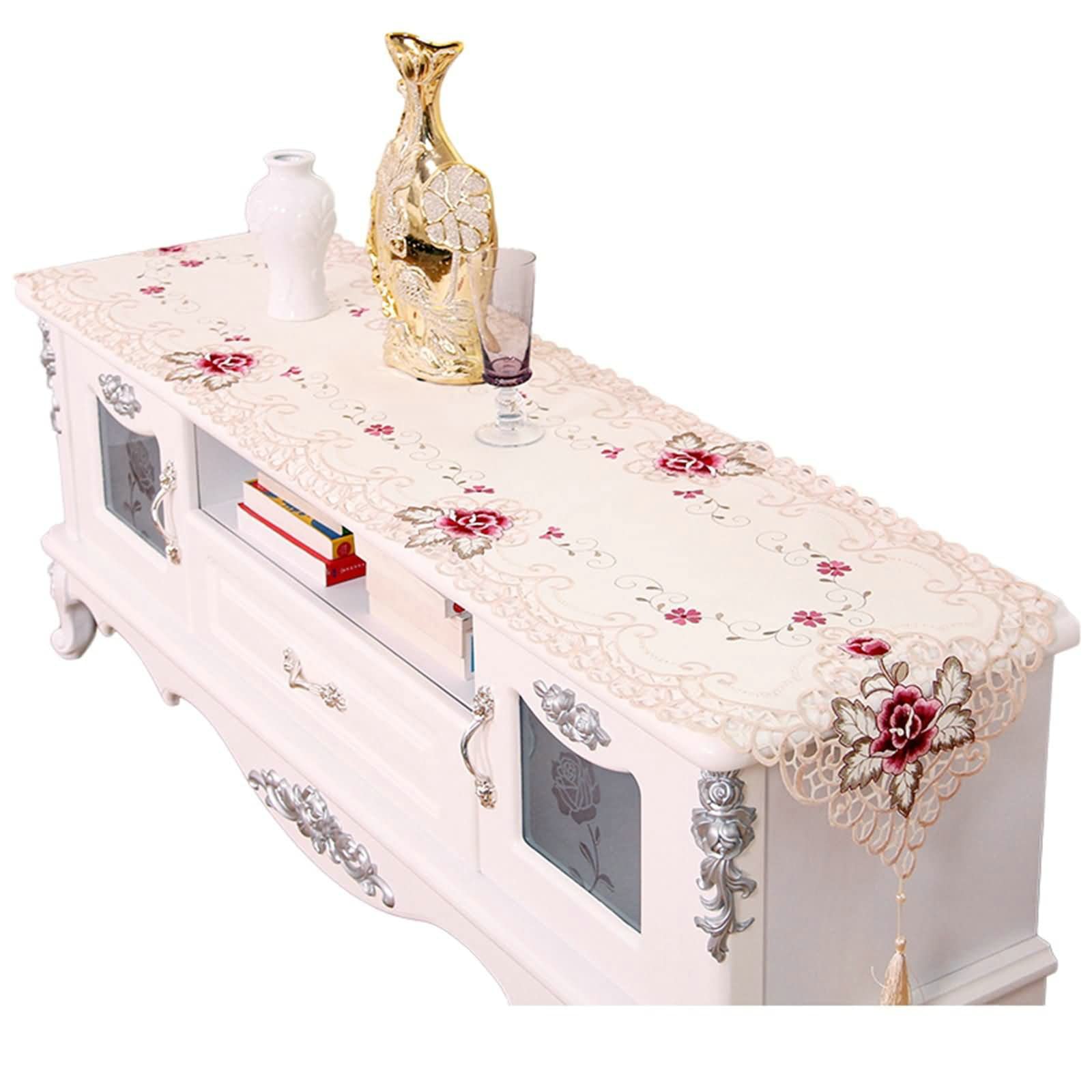 Chemin de table fleurs brodées rose beige lavable pour protéger meuble