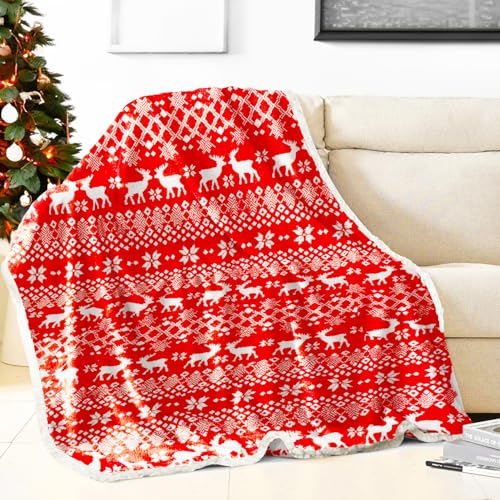 Excelente Tienda Manta Navideña Exclusiva de Lujo,Manta de Forro Polar Sherpa de Navidad- Ideal para Noches Acogedoras 150x190cm (Alce Navidad - Rojo)