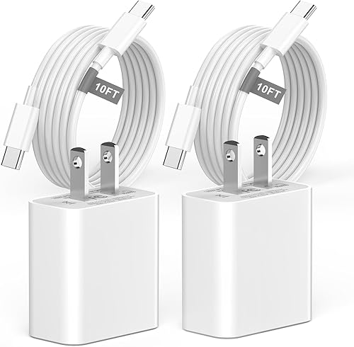 Cargador para iPhone 15 de carga rápida de 10 pies, paquete de 2 cargadores de pared USB C de 20 W con cargador tipo C de 10 pies de largo, cable de