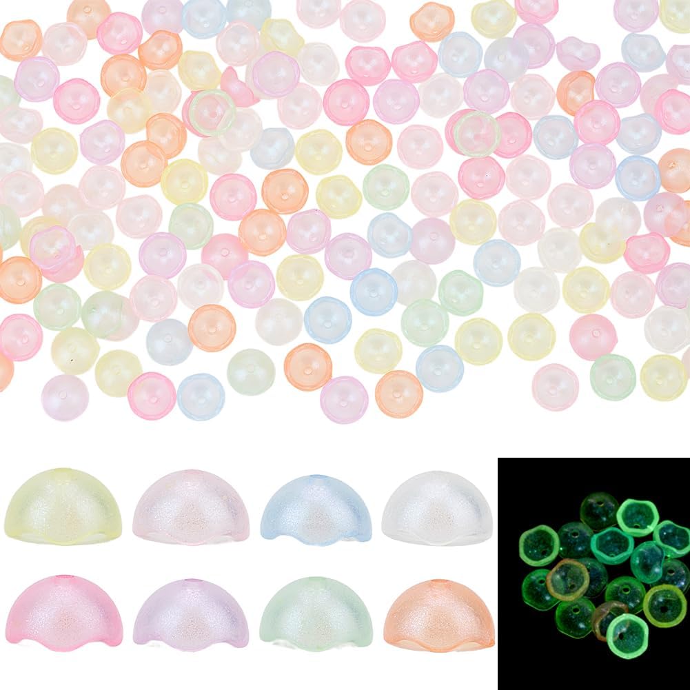HOBBIESAY 150PCS Glass Wind Bell Bead Caps Clear Crystal Bell Jellyfish Beads Glass Flower Beads Caps Glow in The Dark Trumpet Flower Bead Cap for Women Earring Jewelry Making Wind Chimes Crafts