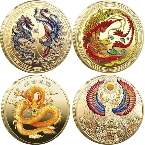 Lot de 4 pièces de monnaie porte-bonheur en forme de dragon chinois - Apporte chance et prospérité - Phénix chinois