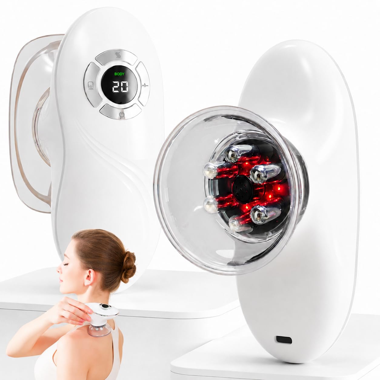 4-in-1 Anti-Cellulite Schröpfmassagegerät mit EMS und Rotlicht | 9 Saugstufen & 9 EMS-Stufen, Wärmefunktion, 2 Aufsätze, LCD-Display, USB-C-Akku, für Gesicht & Körper