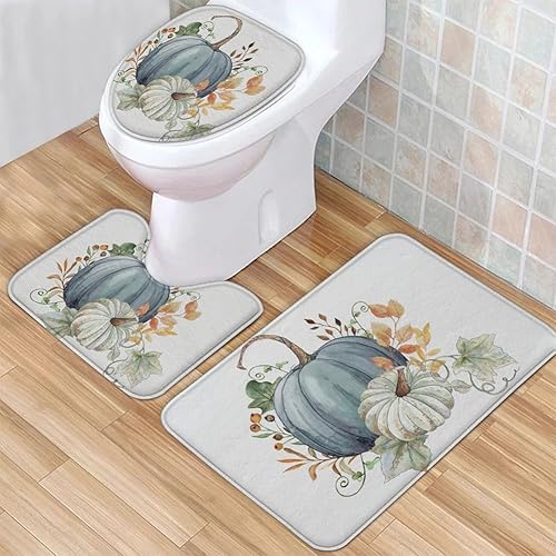 Juego de alfombras y tapetes de baño de calabaza de otoño, 3 piezas, hojas de arce azul, calabaza, cosecha de otoño, antideslizantes, tapete para el