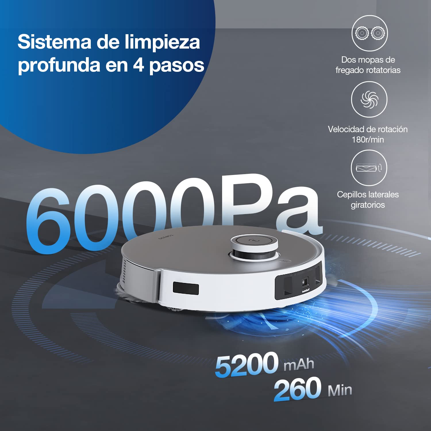 ECOVACS DEEBOT T20 Omni Robot Aspirador y fregasuelos, 6000Pa, Lavado con mopa giratoria con Agua Caliente, función de elevación y autosecado de fregonas, autovaciado, detección de obstáculos 3D