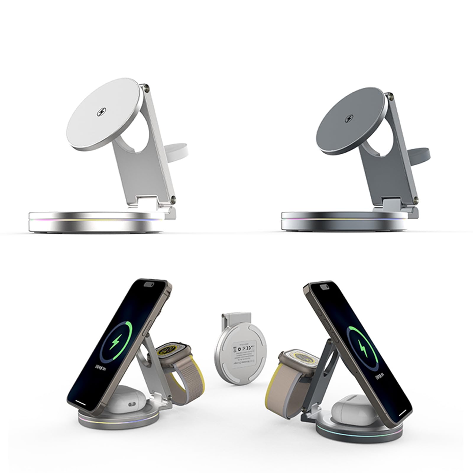 Stazione ricarica per telefono premium Illuminazione automatica Supporto per dispositivi multipli Design portatile pieghevole Supporto per telefono con base in metallo girevole a 360° con