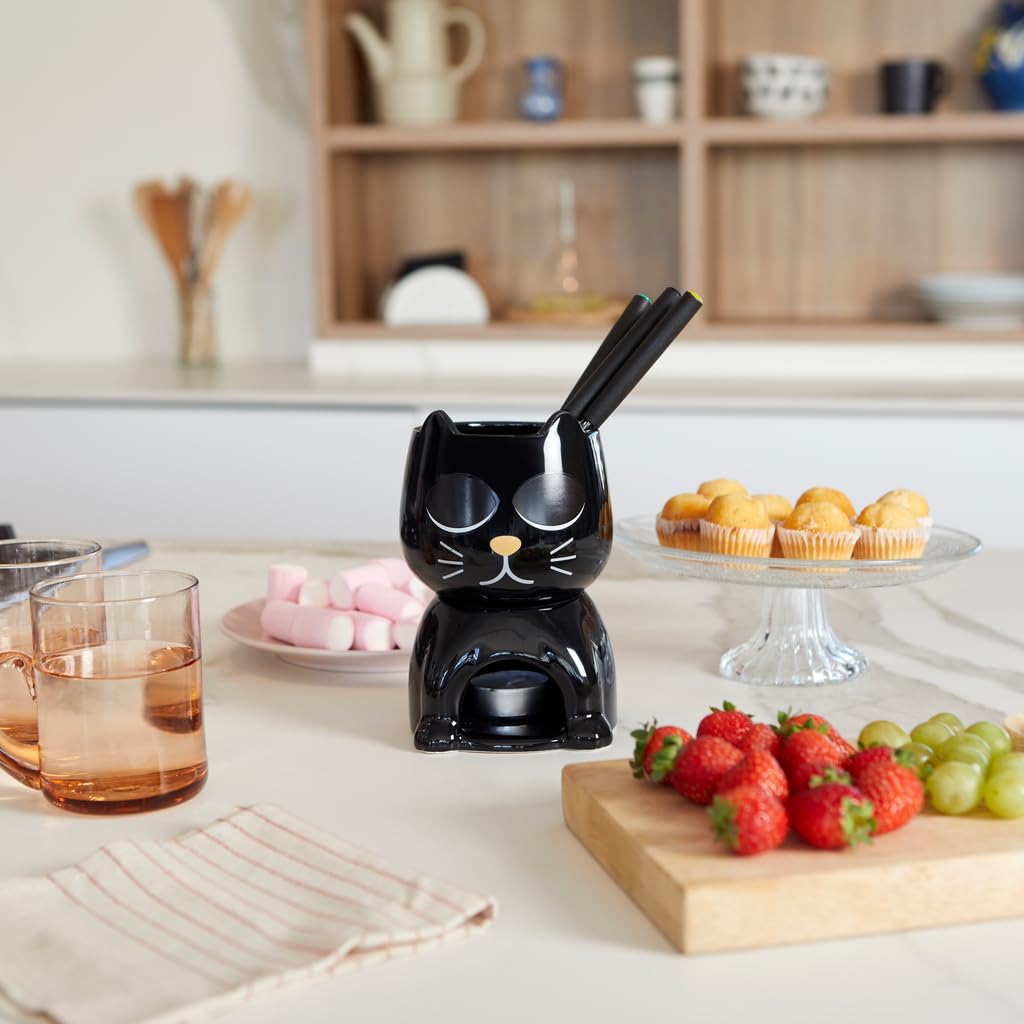 Balvi Fondue Wake Cat Color Negro Termosensible, el Gato Abre los Ojos Cuando se calienta Cerámica