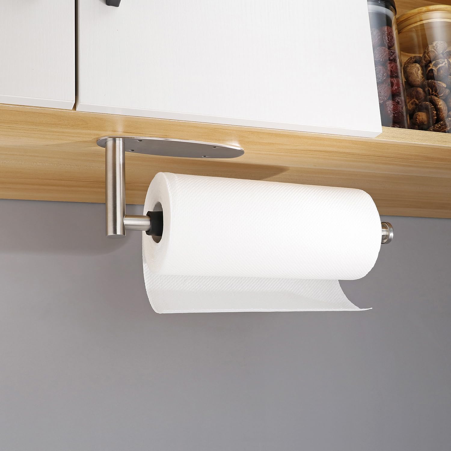 Soporte para toallas de papel operable de una sola mano debajo del gabinete con efecto de amortiguación, soporte de rollo de papel autoadhesivo montado en la pared para cocina y baño, acero 7